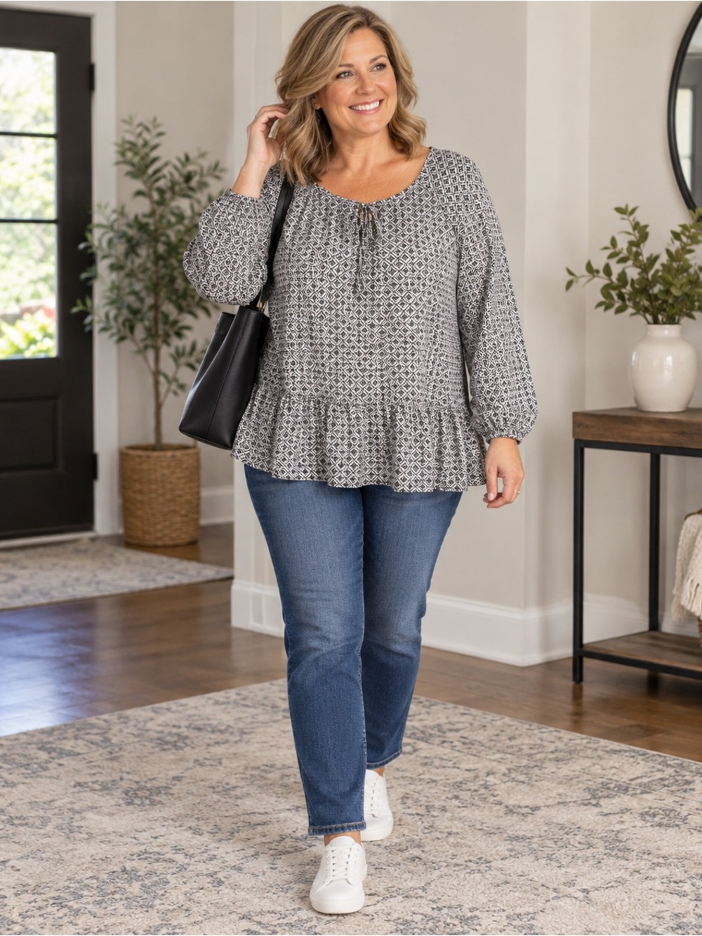 CLP Women’s XL Black White Geometric Peplum Blouse Long Sleeve